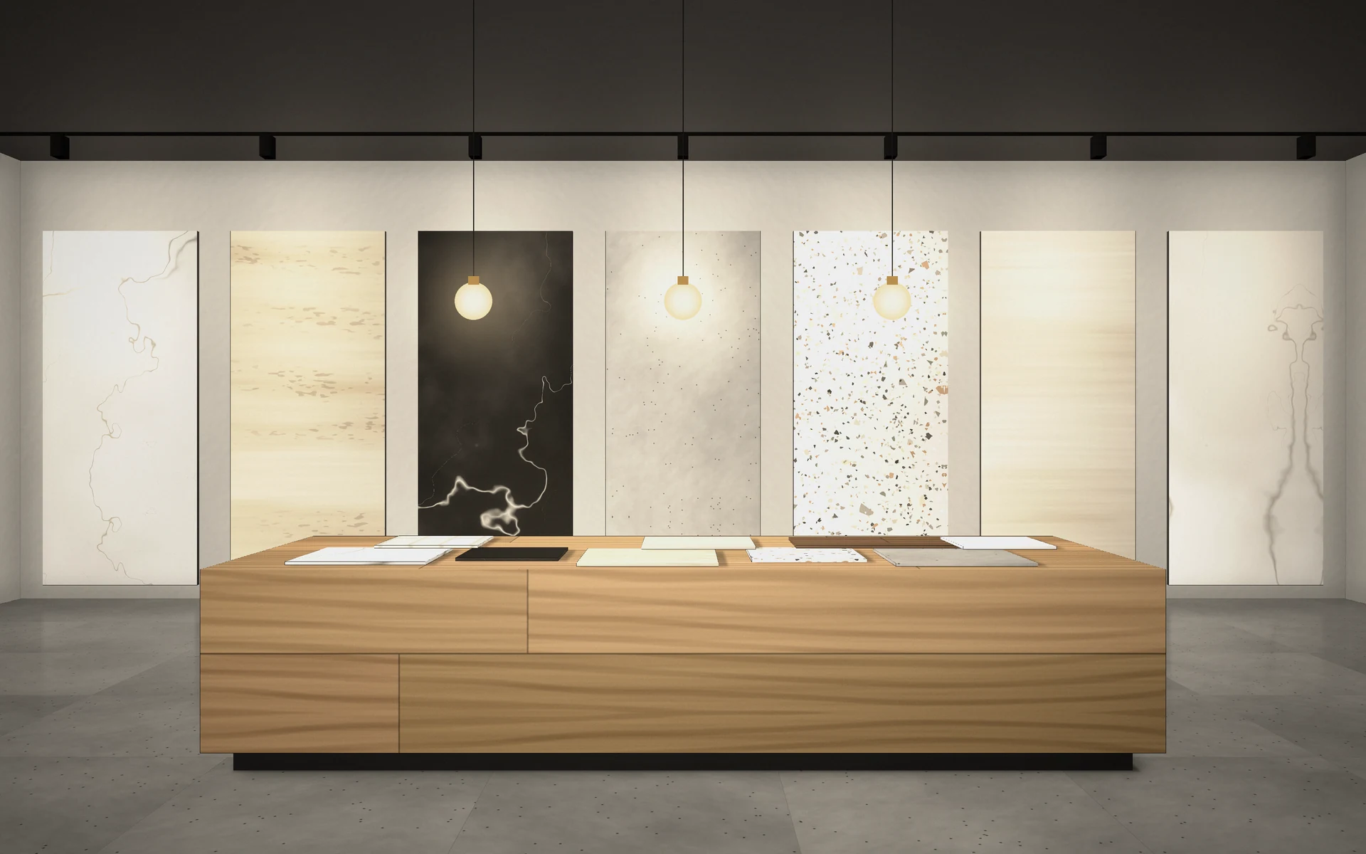 Showroom sa izloženim pločama velikog formata i stolom sa uzorcima
